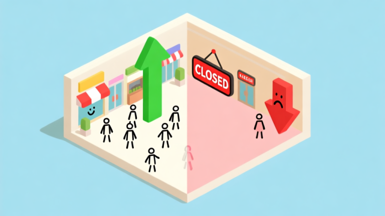 自动生成图片: A minimalist, isometric illustration of a small mall with a few shops, one side showing green upward arrows and happy stick-figure customers, the other side showing red downward arrows, "CLOSED" signs, and sad stick figures, on a soft blue background high quality illustration, detailed, 16:9