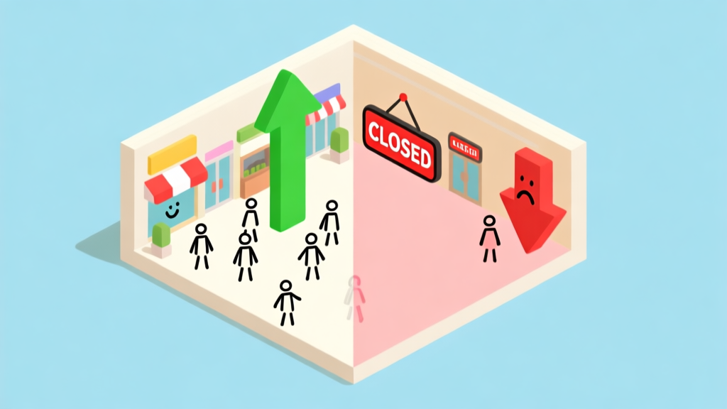 A minimalist, isometric illustration of a small mall with a few shops, one side showing green upward arrows and happy stick-figure customers, the other side showing red downward arrows, "CLOSED" signs, and sad stick figures, on a soft blue background high quality illustration, detailed, 16:9