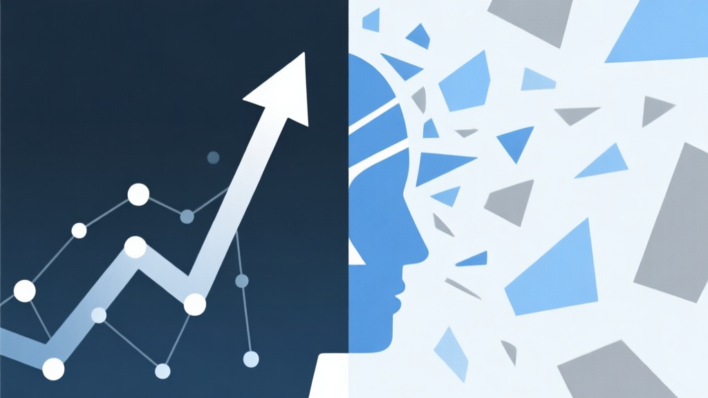 Abstract geometric composition with two contrasting sides, one side with upward arrows and connected dots (growth), the other with scattered fragments, soft blue and gray color scheme, modern minimal style, professional concept illustration of mindset difference high quality illustration, detailed, 16:9