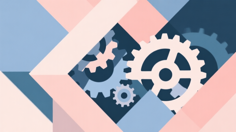 自动生成图片: Abstract geometric composition with overlapping shapes representing hidden gears and mechanisms, soft pastel colors, modern minimal style, professional business concept illustration high quality illustration, detailed, 16:9