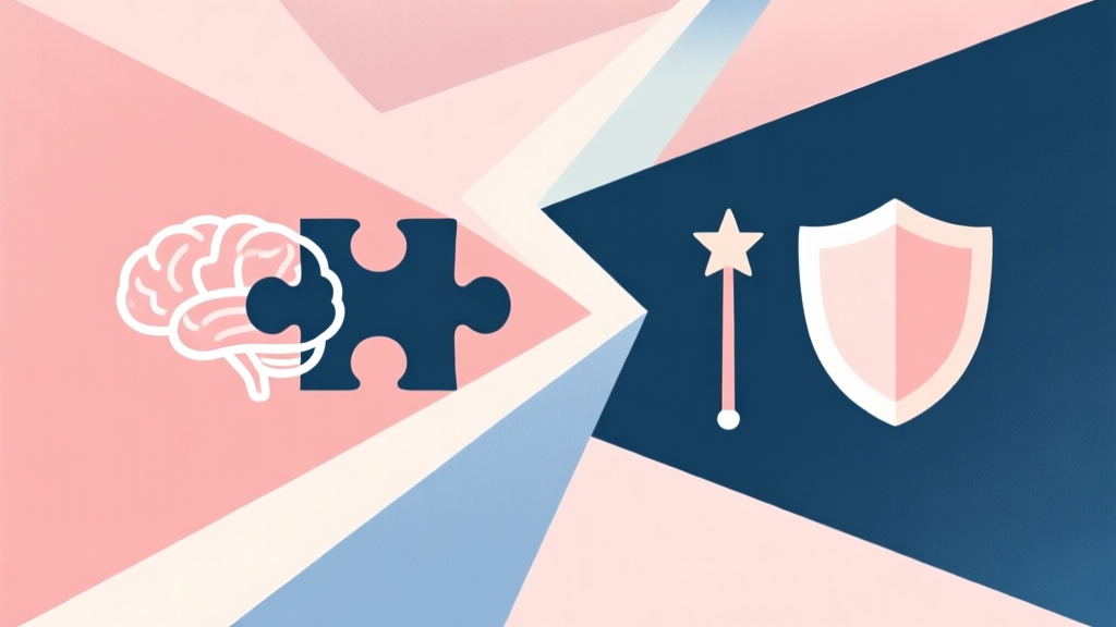 Abstract geometric composition with two distinct paths diverging, one with a puzzle piece and brain icon, the other with a magic wand and shield icon, soft pastel colors, modern minimal style, professional concept illustration of choice and strategy high quality illustration, detailed, 16:9