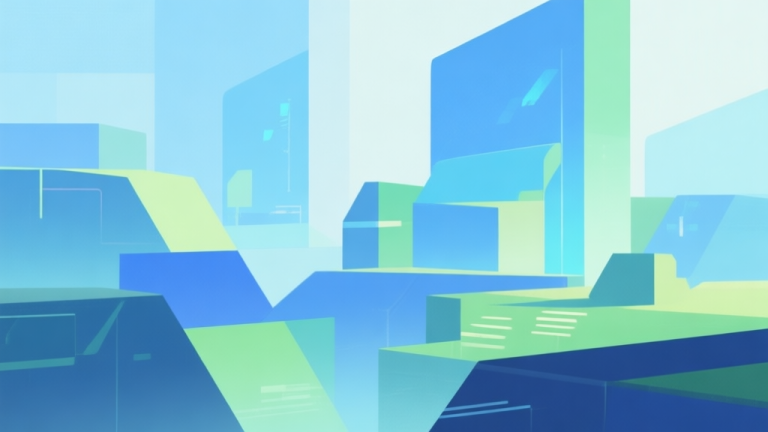 自动生成图片: Abstract geometric composition with overlapping shapes in soft blues and greens, representing a new digital world, modern minimal style, professional game concept illustration high quality illustration, detailed, 16:9