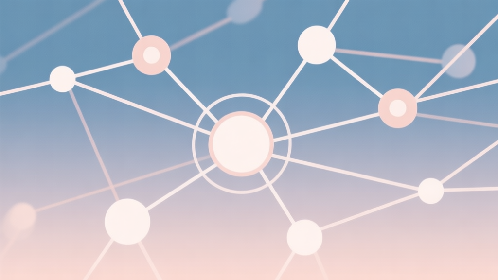 Abstract network nodes connected by lines, soft color scheme, clean minimal illustration, modern digital concept of synergy and connection high quality illustration, detailed, 16:9