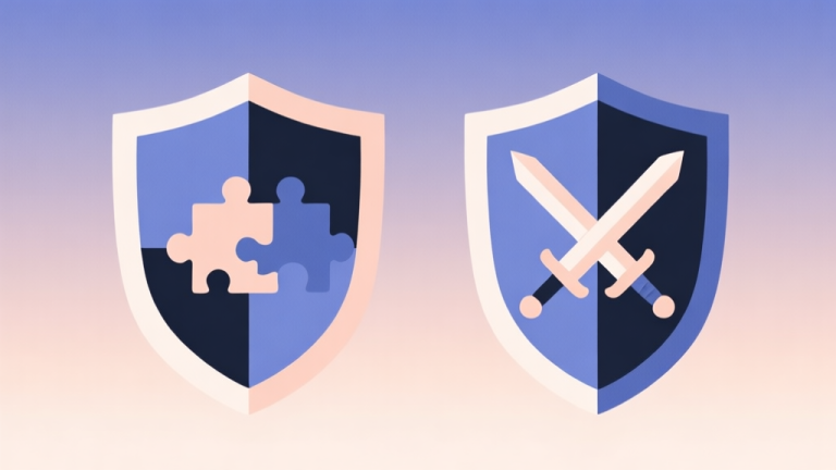 自动生成图片: Two abstract shields facing each other, one with connected puzzle pieces symbolizing cooperation, the other with crossed swords symbolizing competition, on a soft gradient background, minimalist flat design high quality illustration, detailed, 16:9