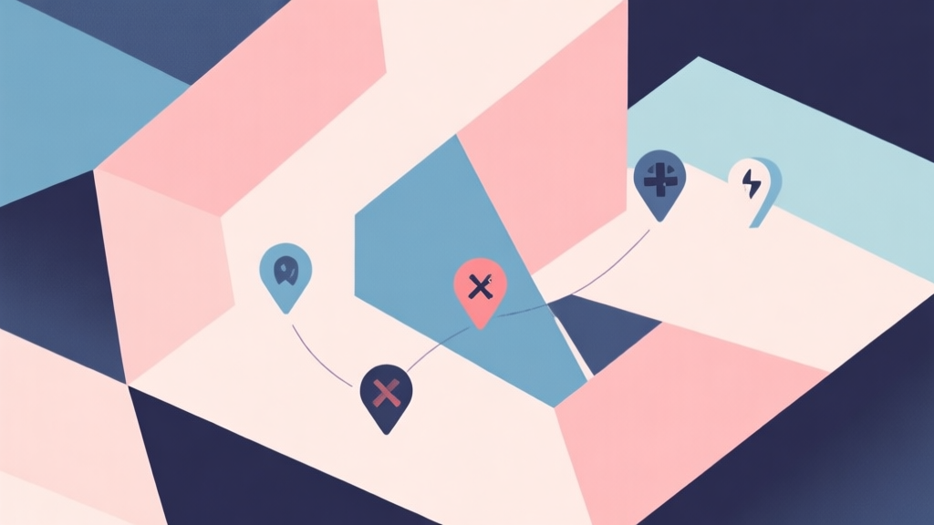 Abstract geometric composition with overlapping shapes representing strategy and failure points, soft pastel colors, modern minimal style, professional gaming concept illustration high quality illustration, detailed, 16:9