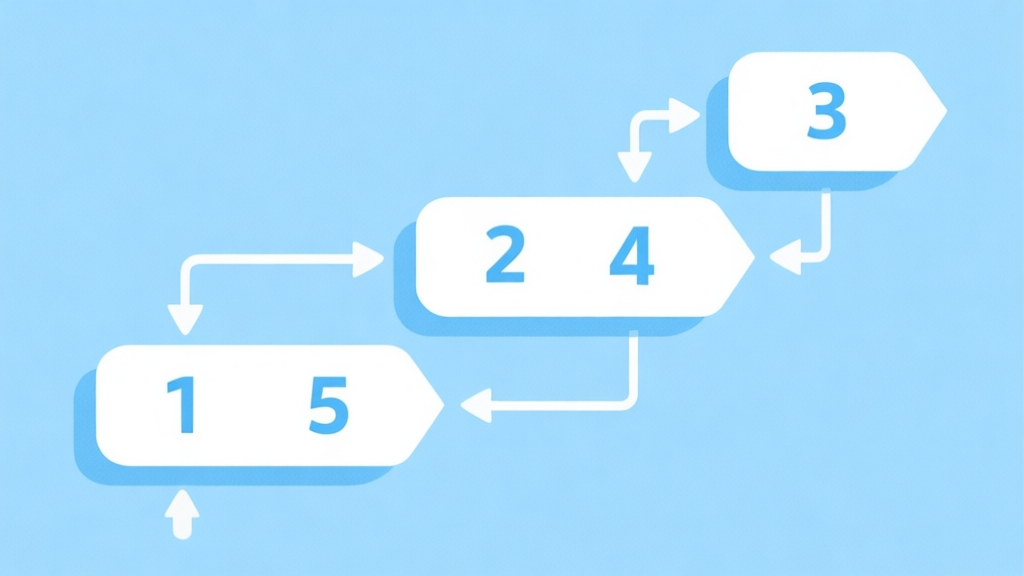 Simple flowchart illustration with numbered steps from 1 to 5, connected by arrows, light blue and white color scheme, clean minimal design, representing a learning path high quality illustration, detailed, 16:9