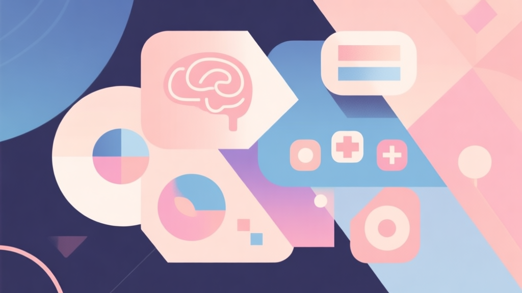 Abstract geometric composition with overlapping shapes representing game mechanics and psychology, soft pastel colors, modern minimal style, professional game design concept illustration high quality illustration, detailed, 16:9