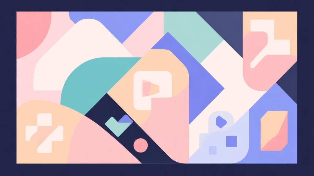 Abstract geometric composition with overlapping shapes representing different game genres, soft pastel colors, modern minimal style, professional comparison concept illustration high quality illustration, detailed, 16:9