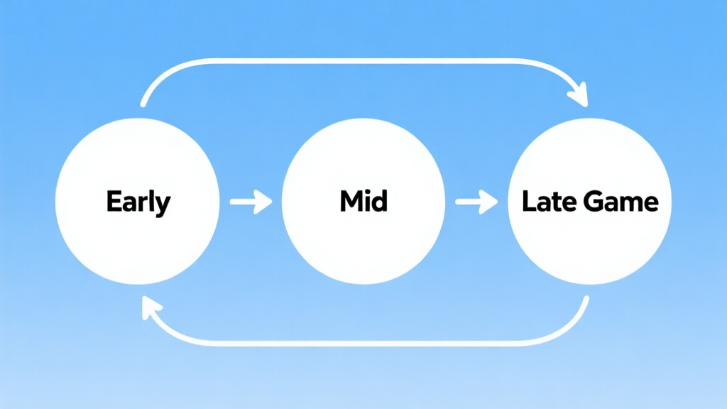 Simple flowchart illustration with connected circles and arrows labeled "Early", "Mid", "Late Game", light blue and white color scheme, clean minimal design, business presentation style high quality illustration, detailed, 16:9