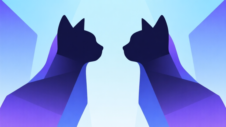 自动生成图片: Abstract geometric composition of two identical feline silhouettes mirroring each other, soft blue and purple gradient background, clean lines, modern esports illustration style, minimalist high quality illustration, detailed, 16:9