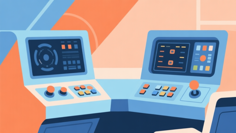 自动生成图片: Abstract geometric composition with two distinct control panels merging into one, soft blue and orange color scheme, modern minimal style, professional game concept illustration high quality illustration, detailed, 16:9