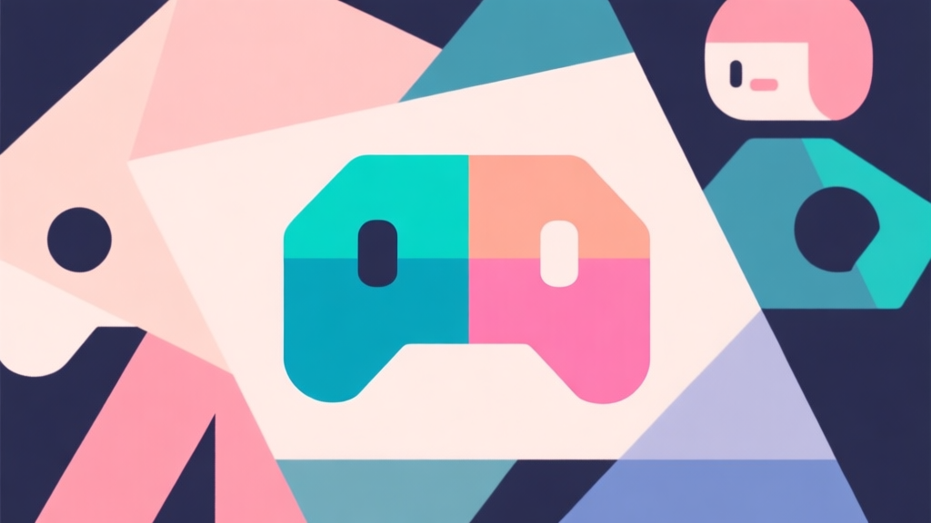 Abstract geometric composition with overlapping shapes representing game characters, one central dual-colored shape, soft pastel colors, modern minimal style, professional game analysis concept illustration high quality illustration, detailed, 16:9