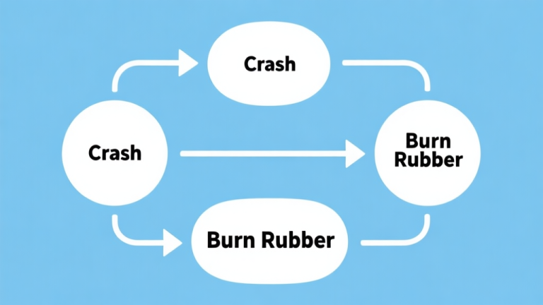 自动生成图片: Simple flowchart illustration with connected circles and arrows labeled "Crash" and "Burn Rubber", light blue and white color scheme, clean minimal design, business presentation style high quality illustration, detailed, 16:9
