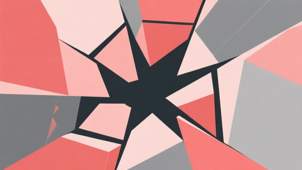 Abstract geometric composition with overlapping shapes falling apart, soft red and gray color scheme, modern minimal style, concept of failure and collapse high quality illustration, detailed, 16:9