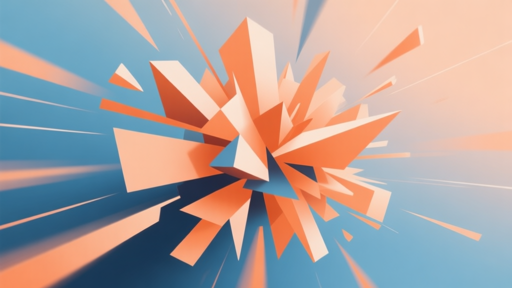 Abstract geometric composition with overlapping shapes in explosive arrangement, soft orange and blue gradient background, modern minimal style, representing chaotic energy and speed high quality illustration, detailed, 16:9