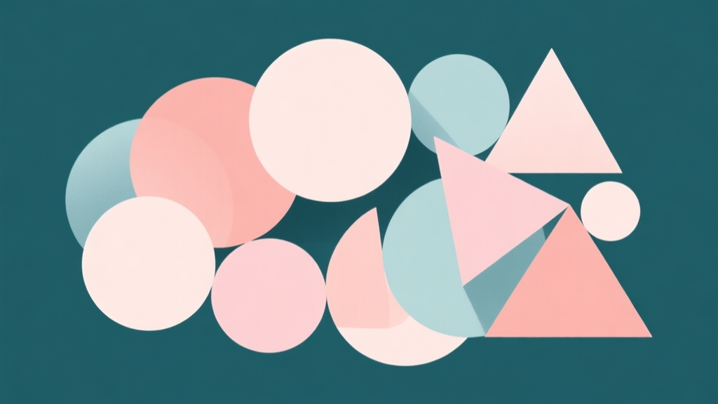 Abstract geometric composition with overlapping simple shapes like circles and triangles forming a loose group, soft pastel colors, modern minimal style, representing social gathering and game concept high quality illustration, detailed, 16:9