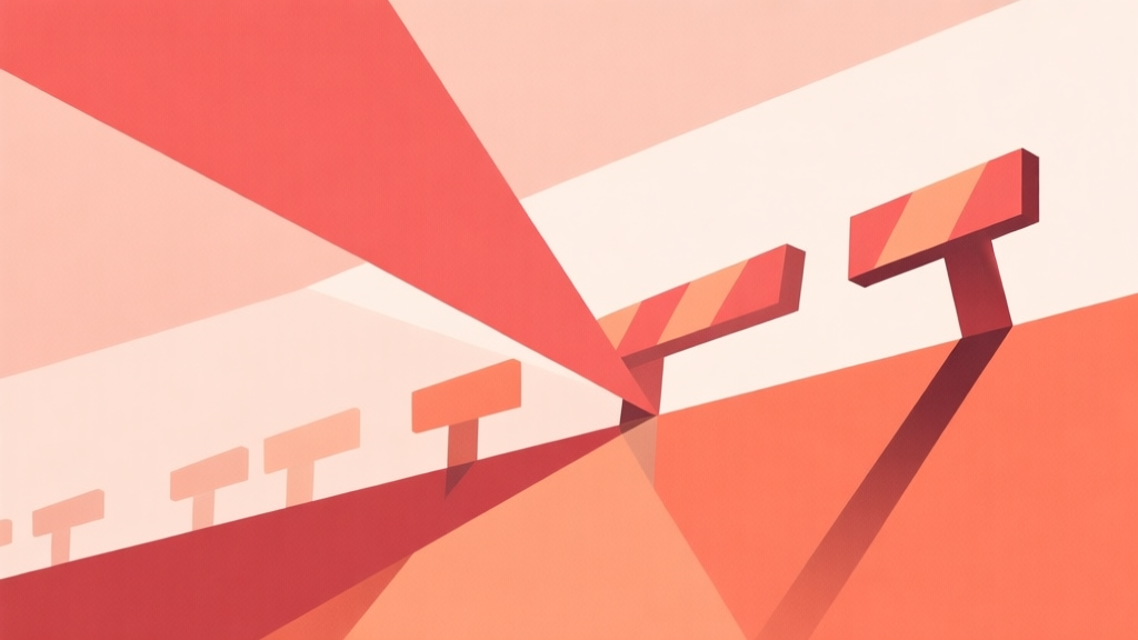 Abstract geometric composition with overlapping shapes in muted red and orange tones, soft pastel colors, modern minimal style, professional business concept illustration of obstacles and barriers high quality illustration, detailed, 16:9