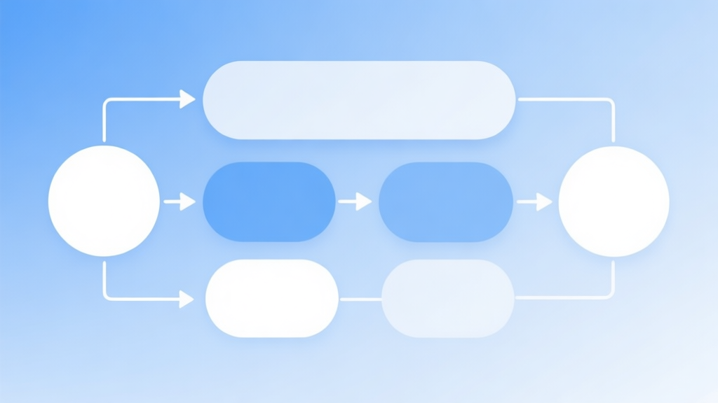 Simple flowchart illustration with connected circles and arrows, light blue and white color scheme, clean minimal design, business presentation style high quality illustration, detailed, 16:9