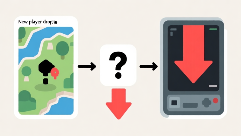 自动生成图片: Simple flowchart illustration showing a new player dropping into a map, then a question mark, then a defeated screen, with a red downward arrow, clean minimal design, gaming concept illustration high quality illustration, detailed, 16:9