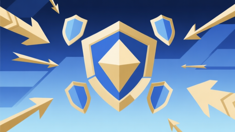 自动生成图片: Abstract geometric composition showing a large central diamond shape being protected by smaller shield-like forms, with aggressive arrow shapes being deflected away, soft blue and gold color scheme, modern minimal esports style high quality illustration, detailed, 16:9