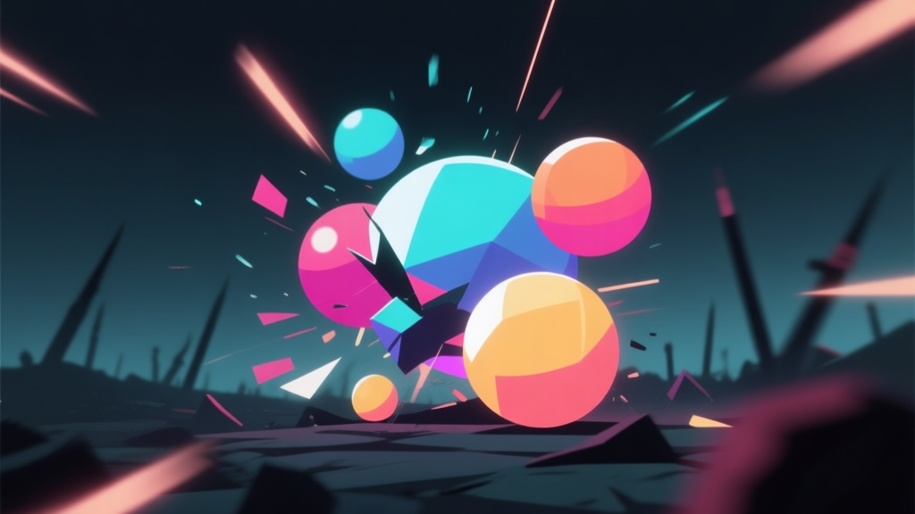 Abstract geometric composition showing a collision of colorful spheres against a dark battlefield background, dynamic motion blur, soft neon glow, minimalist video game concept art high quality illustration, detailed, 16:9