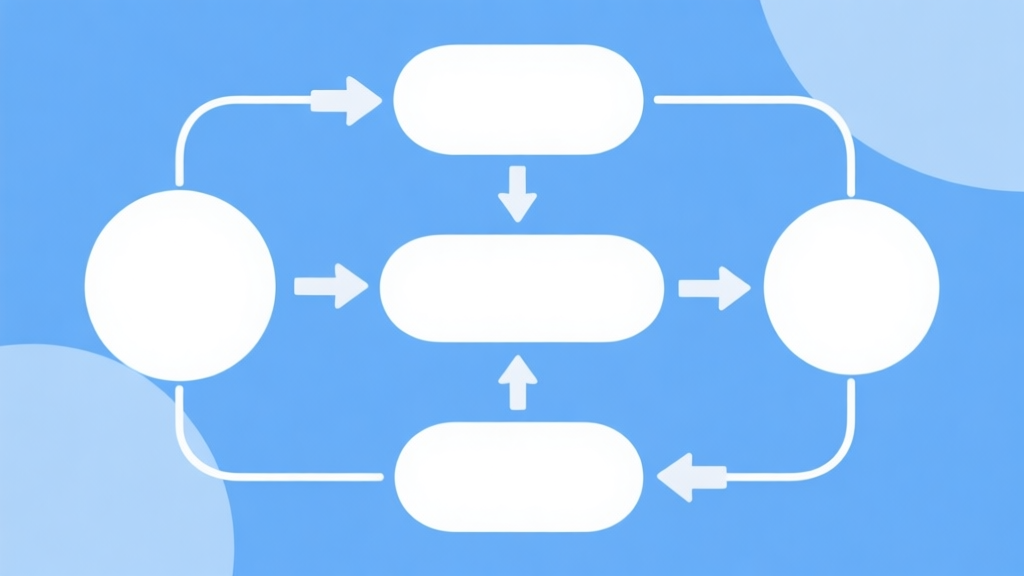 Simple flowchart illustration with connected circles and arrows, light blue and white color scheme, clean minimal design, business presentation style high quality illustration, detailed, 16:9