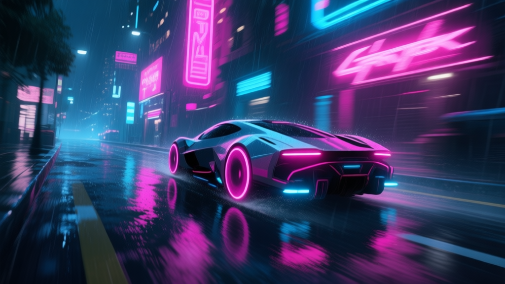 A dynamic cyberpunk racing game screenshot, neon-lit rain-slicked city streets at night, a sleek futuristic hover car in motion with speed blur, vibrant pink and blue neon signs reflecting on wet asphalt, cinematic angle high quality illustration, detailed, 16:9