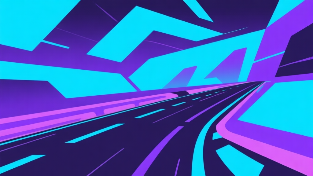 Abstract geometric composition with overlapping shapes in neon blue and purple, representing a cyberpunk racing track, clean minimal style, professional concept illustration high quality illustration, detailed, 16:9