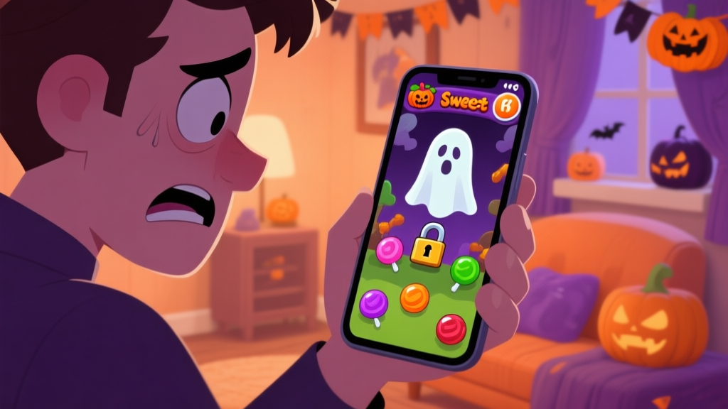 A frustrated player looking at a smartphone screen showing a difficult Sweet Candy Halloween level, with a ghost and locked candies, in a cozy room with soft Halloween decorations, muted orange and purple color scheme high quality illustration, detailed, 16:9