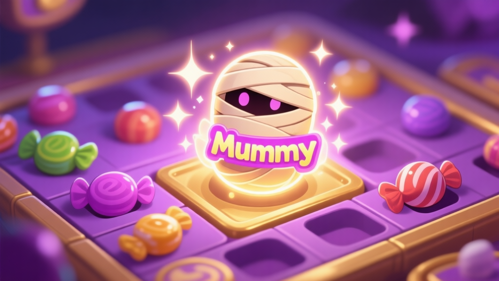 A close-up, stylized illustration of a glowing "Mummy Candy" power-up in a puzzle game, sitting among regular candies on a game board, soft purple and gold color scheme, magical sparkle effects high quality illustration, detailed, 16:9