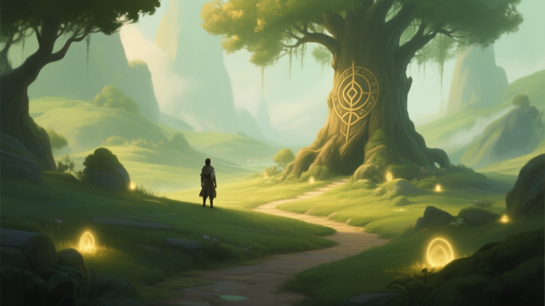 自动生成图片: A serene, painterly landscape of a mystical game world with hidden paths glowing softly, a character in the distance looking at a large, ancient tree with mysterious symbols, soft green and gold color palette high quality illustration, detailed, 16:9