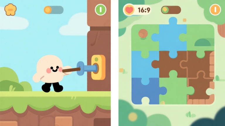自动生成图片: A split-screen illustration showing a simple, charming puzzle game scene on the left (like a character pulling a lever) and a slightly more complex, detailed puzzle scene on the right, with a soft color palette of greens, blues, and browns high quality illustration, detailed, 16:9