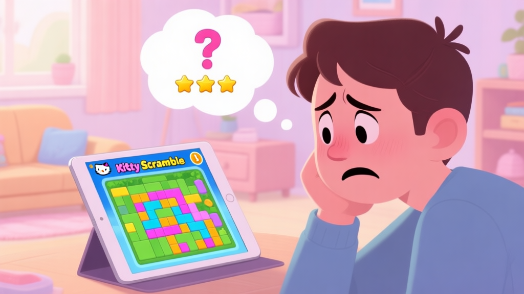 A frustrated player looking at a tablet screen showing a colorful but complex Kitty Scramble puzzle level, with a thought bubble showing question marks and a missing three-star score, in a cozy home setting, soft pastel colors high quality illustration, detailed, 16:9
