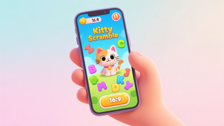 自动生成图片: A playful and colorful mobile game screenshot style, showing a hand holding a phone with the Kitty Scramble game interface visible. The screen displays jumbled letters and a cute cartoon cat character, with a timer counting down. Soft pastel background. high quality illustration, detailed, 16:9