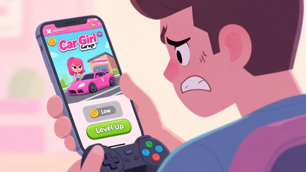 A frustrated gamer looking at a mobile phone screen showing a Car Girl Garage game interface with a "Level Up" button grayed out and a low coin counter, soft pastel colors, cartoon style high quality illustration, detailed, 16:9