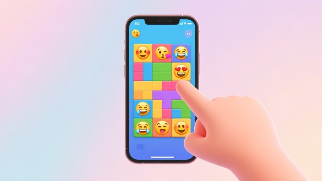 A cheerful, colorful smartphone screen displaying various emoji puzzles, with a hand pointing at a solution, soft pastel background high quality illustration, detailed, 16:9