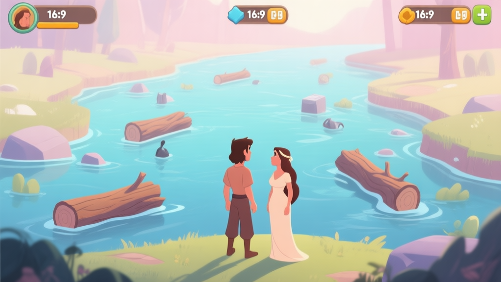A serene yet puzzling game scene showing two stylized characters, Adam and Eve, standing before a river with floating logs and moving obstacles, in a soft pastel color palette with gentle lighting, evoking a sense of calm challenge high quality illustration, detailed, 16:9