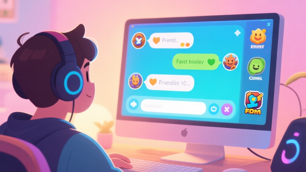 A cozy, inviting digital illustration of a gamer looking at a vibrant computer screen showing multiple friendly chat windows and game logos, soft pastel background with warm lighting high quality illustration, detailed, 16:9