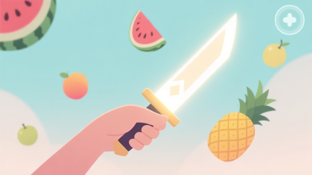 A serene, minimalist illustration of a hand holding a glowing blade, with a few floating fruits like watermelon and pineapple in the background, soft pastel color palette, clean lines, game interface style high quality illustration, detailed, 16:9