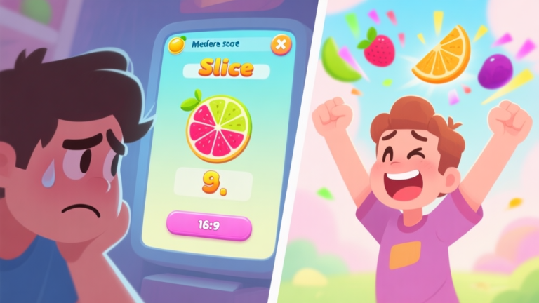 自动生成图片: A frustrated player looking at a Fruit Slice game screen with a mediocre score, contrasted with a happy player celebrating a high score with colorful fruit combo effects in the background, soft pastel color palette high quality illustration, detailed, 16:9