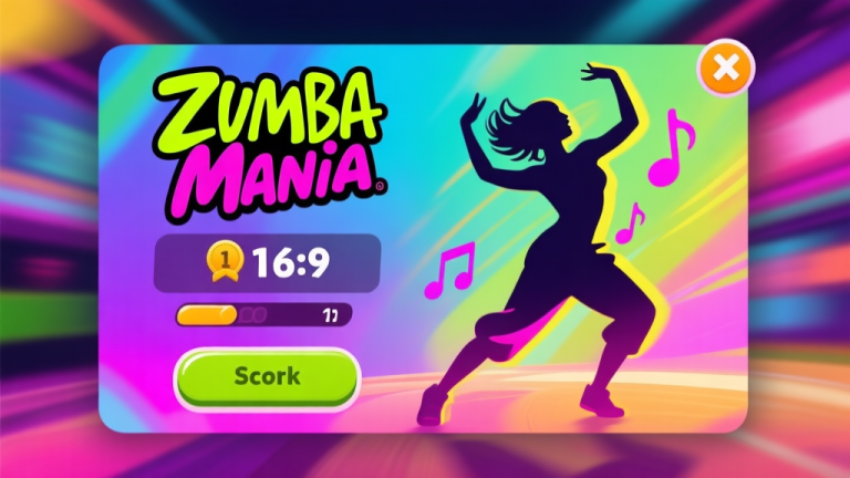 自动生成图片: A vibrant, stylized game interface overlay showing a Zumba Mania score screen with a disappointing rank, juxtaposed with a dynamic dancer silhouette hitting perfect beats, in a lively color scheme with motion blur effects high quality illustration, detailed, 16:9