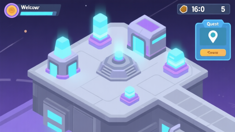 自动生成图片: A welcoming, minimalist illustration of a new player's view in a space base building game. Show a simple central hub with a few glowing structures, a resource counter with low numbers, and a friendly UI panel with a quest marker. Soft blues, purples, and metallic grays, isometric view, clean lines high quality illustration, detailed, 16:9