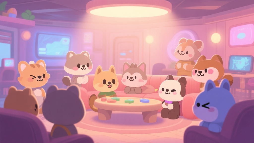 A cozy, softly lit game lobby scene with cute animal avatars gathered around, some looking friendly, others with subtle mischievous expressions, in a warm pastel color palette high quality illustration, detailed, 16:9