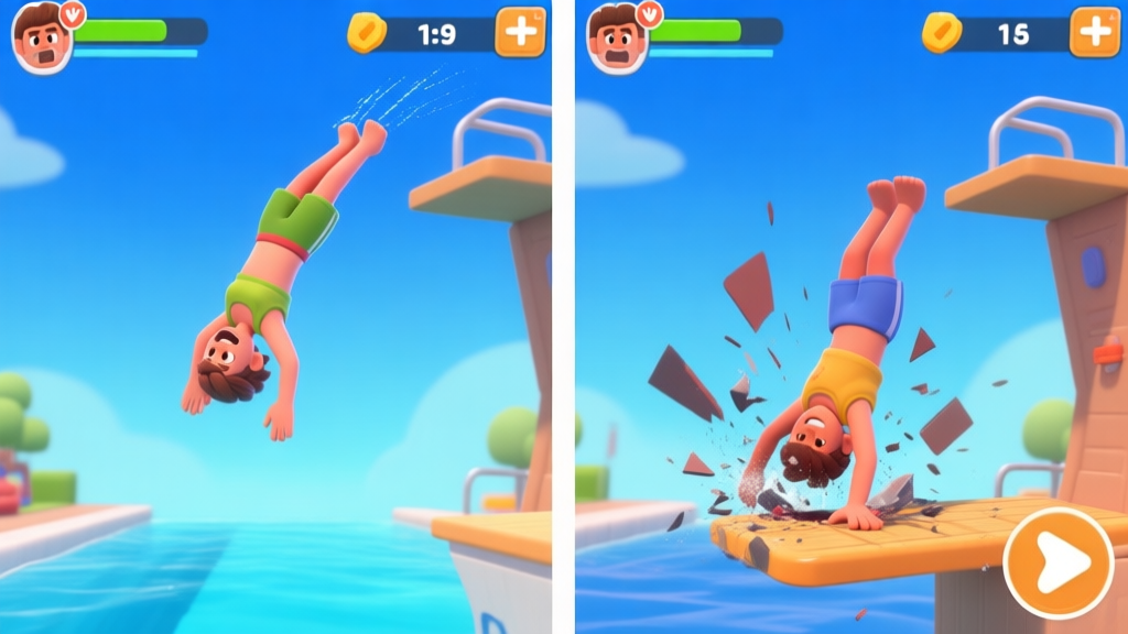 A split-screen game illustration showing a successful backflip dive on one side (character in perfect form) and a failed dive on the other (character crashing into the diving board), with clear visual indicators for timing and swipe direction, in a 3D mobile game art style high quality illustration, detailed, 16:9