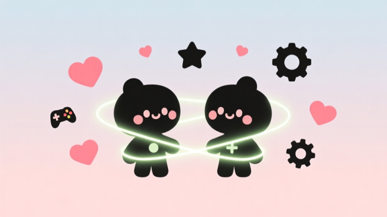 自动生成图片: A minimalist illustration showing two stylized, cute game characters with glowing connection lines between them, surrounded by floating icons of hearts, stars, and gears, on a soft pastel background high quality illustration, detailed, 16:9