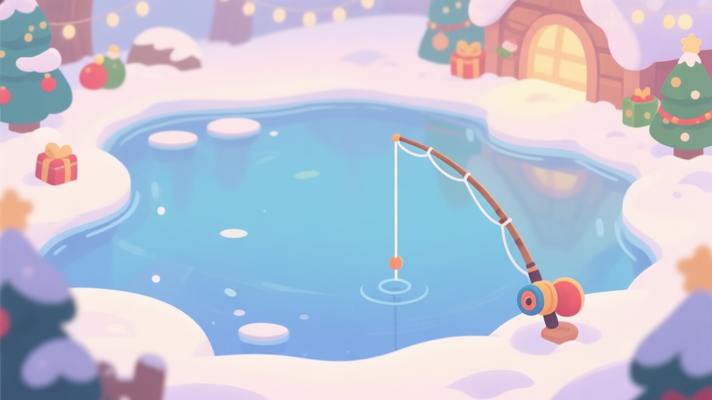 A cozy, festive game scene showing a simple fishing line in a snowy pond with Christmas decorations, in a soft pastel color palette with gentle lighting high quality illustration, detailed, 16:9