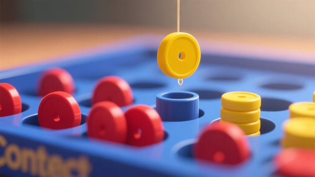 A close-up view of a Connect Four grid mid-game, showing red and yellow discs. One yellow disc is suspended above the grid, about to drop into a column that creates a double winning threat. The background is blurred, focusing on the strategic moment. Soft lighting, illustrated style. high quality illustration, detailed, 16:9