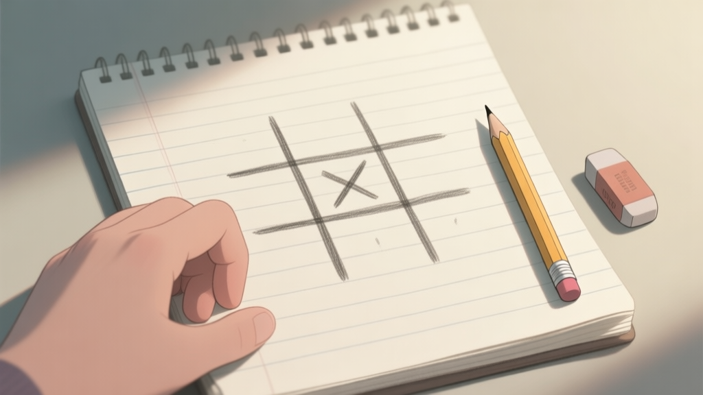 A hand-drawn tic tac toe grid on a piece of lined notebook paper, with a simple pencil and an eraser beside it, soft natural lighting, muted colors high quality illustration, detailed, 16:9