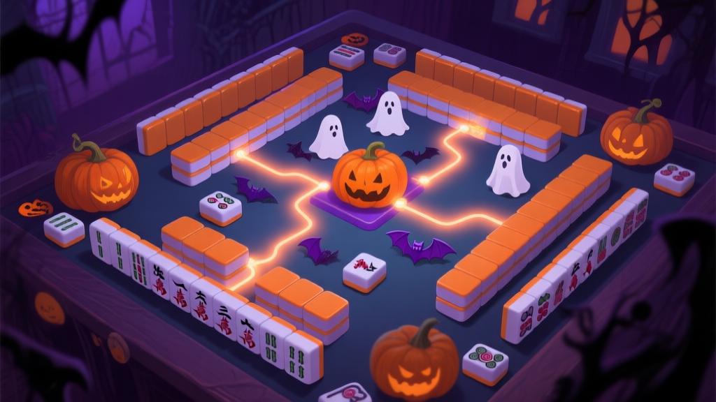 A top-down view of a Mahjong Connect Halloween game board in a dimly lit, spooky atmosphere, showing a complex arrangement of Halloween-themed tiles like pumpkins, ghosts, and bats, with a few possible connections highlighted by glowing paths, soft orange and purple color scheme high quality illustration, detailed, 16:9