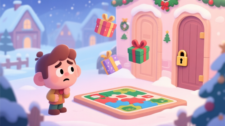 自动生成图片: A cozy, festive game scene in a soft pastel color palette. A stylized character looking confused at a Christmas-themed puzzle with locked doors and floating presents, set against a snowy village background. high quality illustration, detailed, 16:9